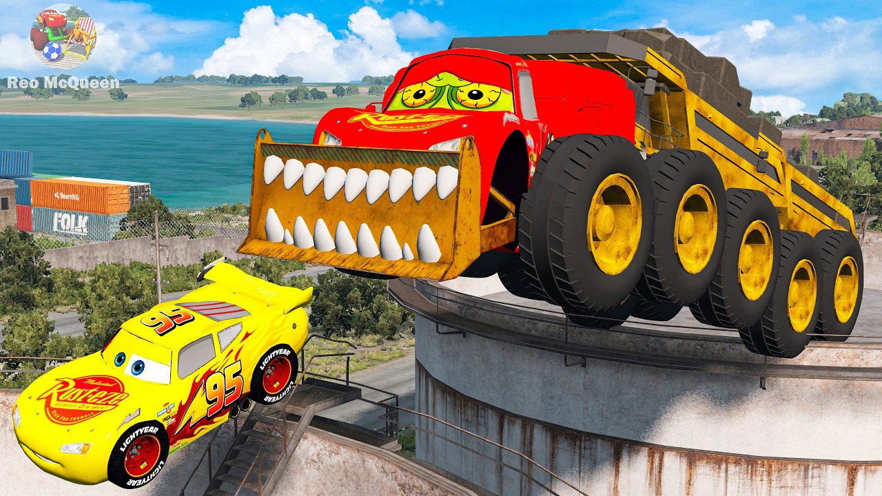 Giant CRANE SQUEEZER McQueen Truck Eater VS Cars Lightning McQueen Escape Monster Beamng Drive #12