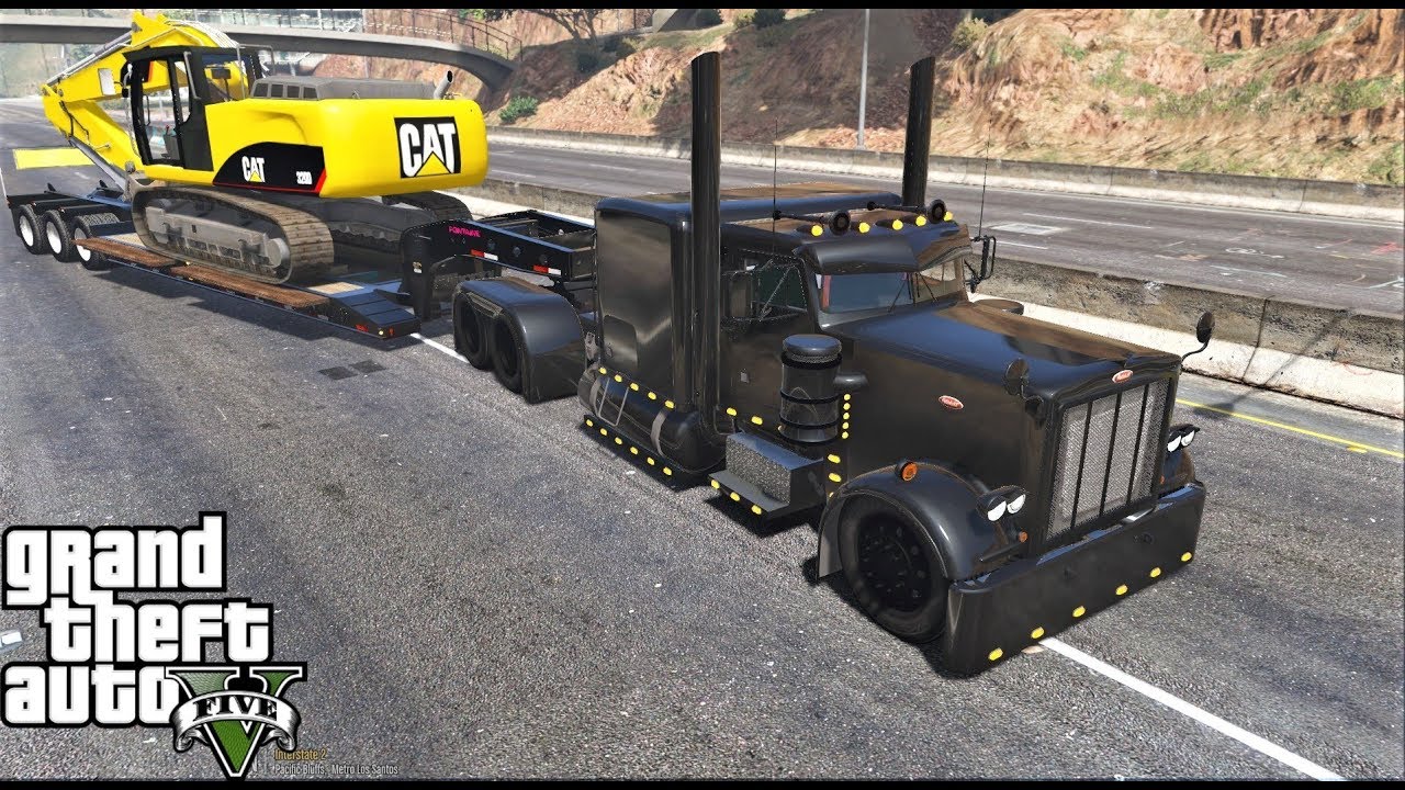 GTA 5 Real Life Mod #187 Peterbilt Hauling A Excavator On An Lowboy Trailer To A Construction Site