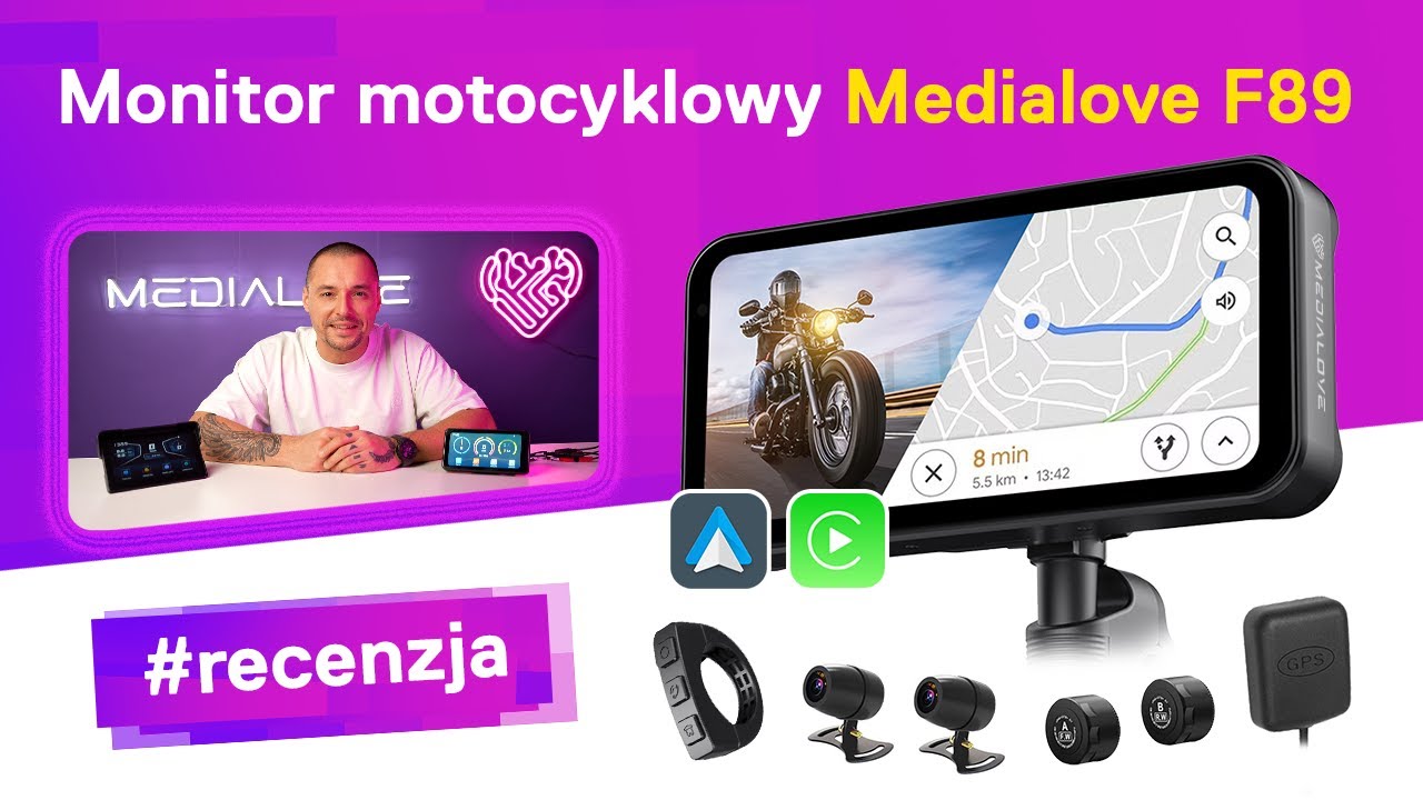Monitor ekran do motocykla Carplay Android Auto Medialove F89 kamery z soczewkami SONY, GPS, pilot.