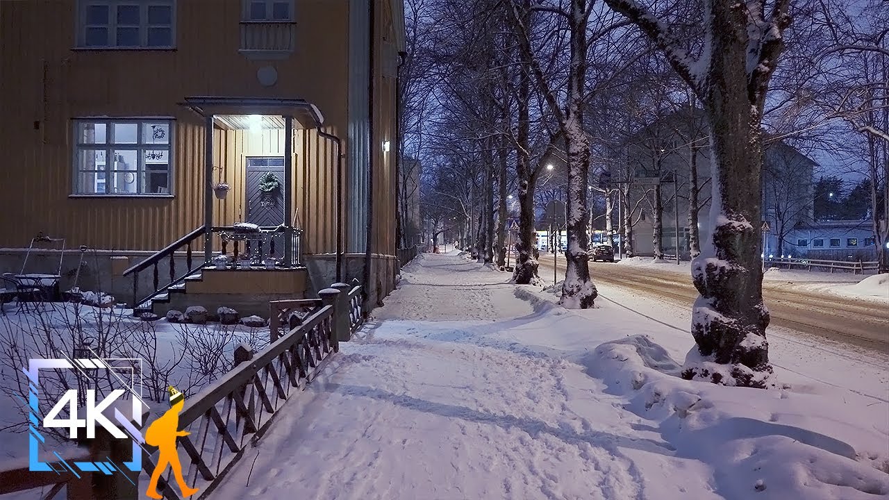 Alone at Night in the Snowy Suburban Streets of Helsinki, Finland 4K