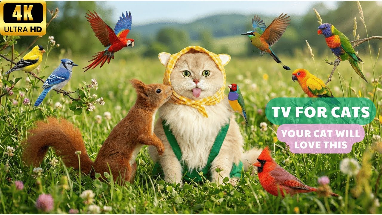 Cat TV for Cats to Watch 😻 Relaxing Meadow Sounds with Cute Birds in a Fresh Green Field | Ultra 4K