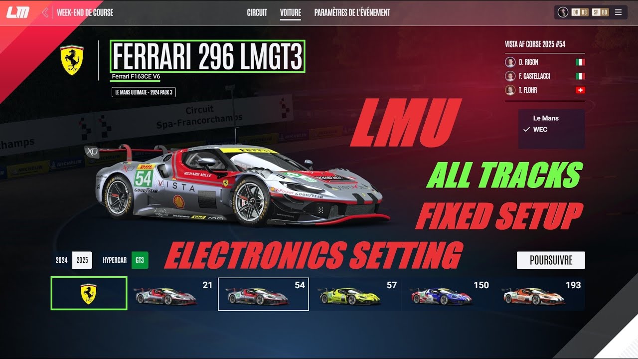 LMU, FERRARI 296 LMGT3, SETUP FIXED, ELECTRONICS SETTING FOR ALL TRACKS,