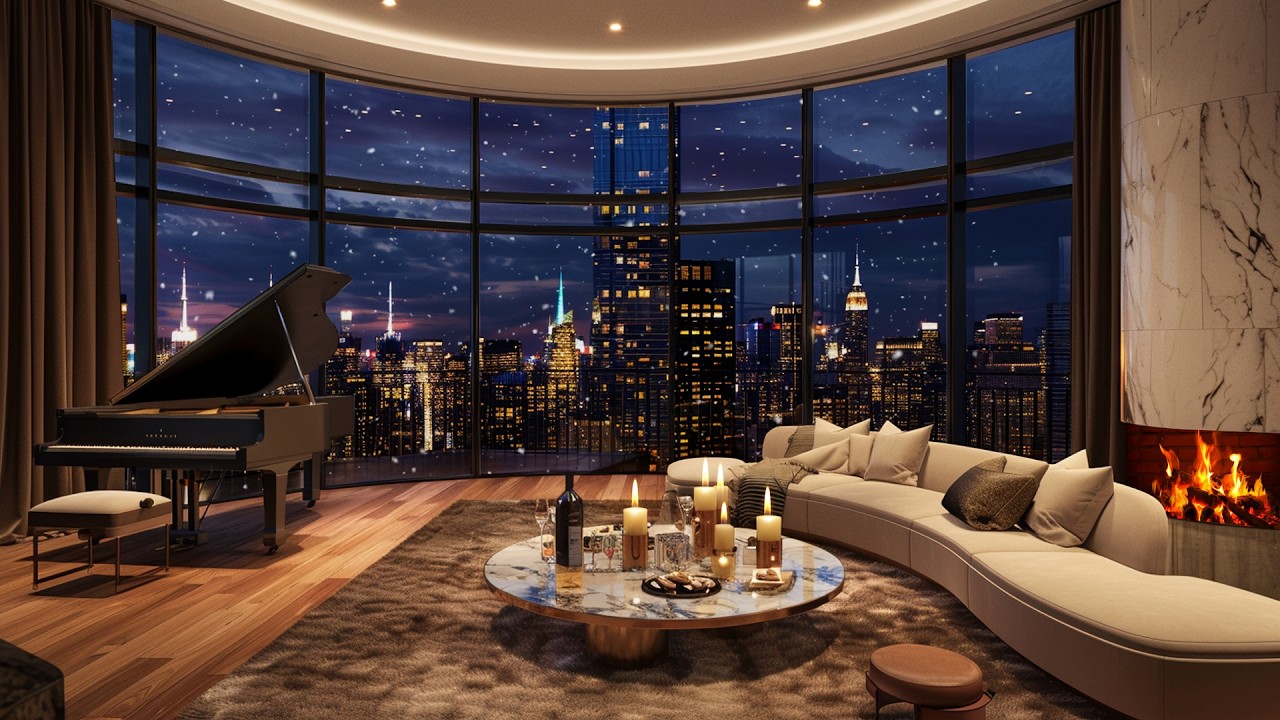Cozy Winter Apartment Night | Gentle Piano Jazz & Crackling Fireplace for Study & Relax