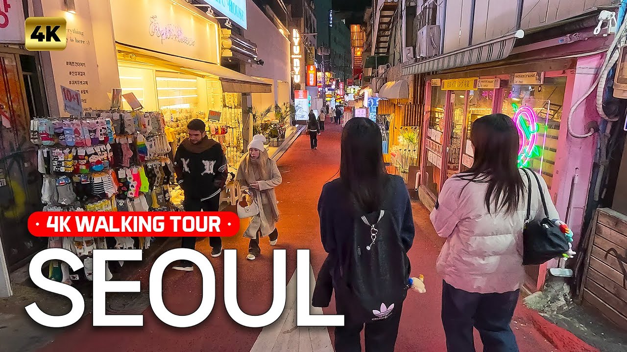 Walking Hongdae Seoul Korea at Night 4K HDR - Vibrant Street Atmosphere & Neon Lights 2025