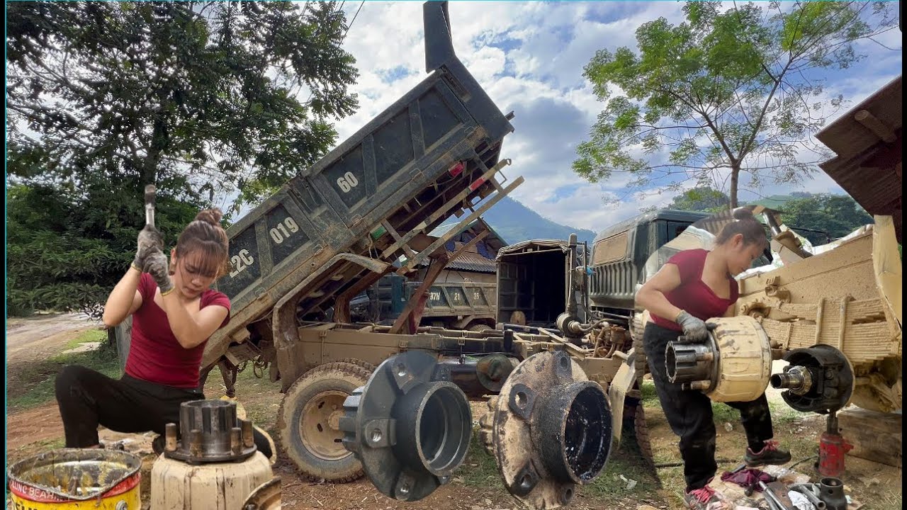Truck rear axle bearing replacement by talented girl