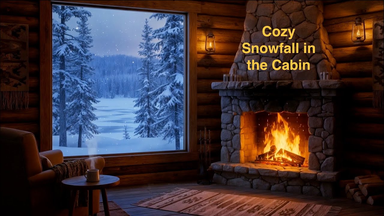 Cozy Cabin Ambience | Crackling Fireplace 🔥 & Soft Snowfall ❄️ (3 Hours)