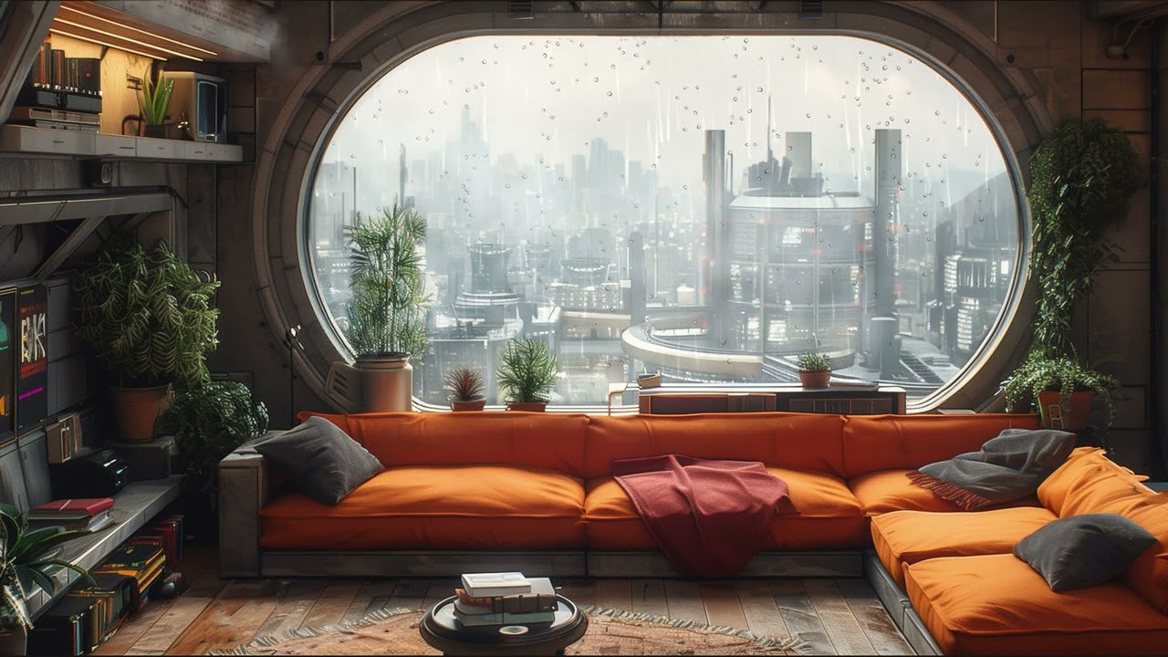 Cyberpunk Megabuilding Apartment. Sci-Fi Ambiance for Sleep, Study, Relaxation