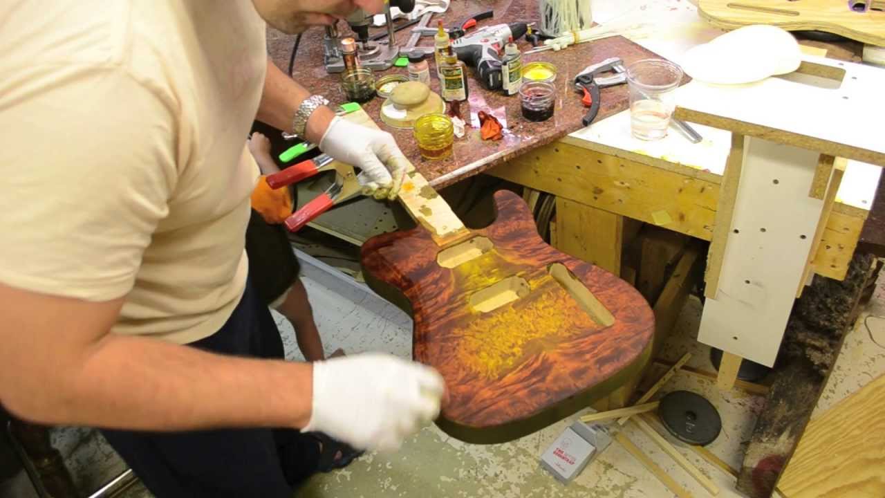 Les Paul Cherry Burst on a Tele w/ Water dyes.  Inside the luthiers shop with BigDGuitars Transtint