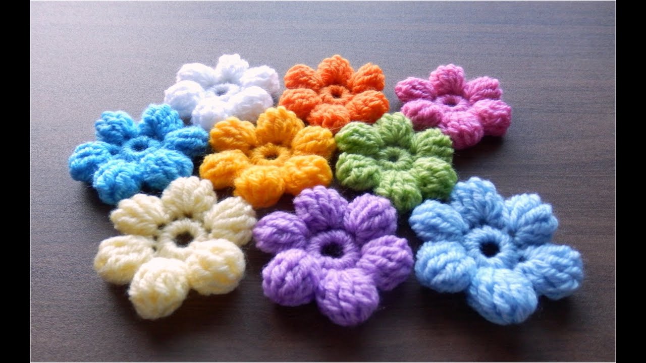 かぎ針編みの玉編みの花（長々編み5目）の編み方　 How to Crochet 3D-flower / Crochet and Knitting Japan