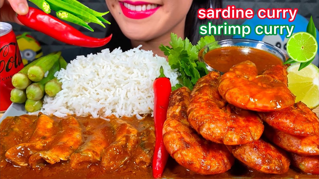 ASMR SPICY SARDINE FISH CURRY, BIG SHRIMP CURRY, OKRA, RICE MASSIVE Eating Sounds