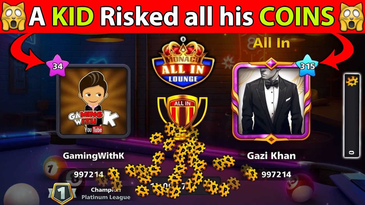 8 Ball Pool - 34 Level KID Risked ALL his COINS in ALL IN Table  - GamingWithK