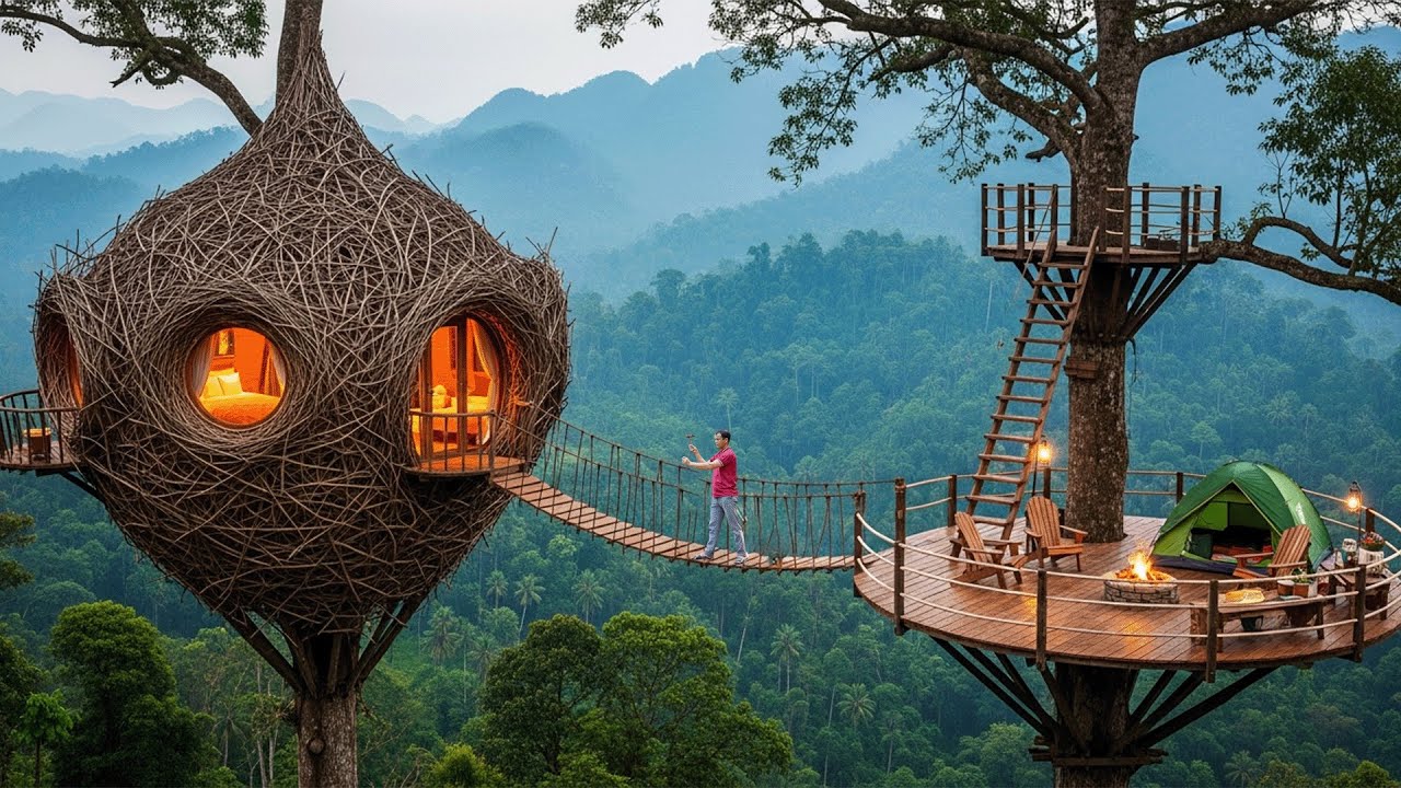 Building Bamboo Shelter On GIANT Tall Tree | 120 Days Build House Skill Life Real Survival In Wild