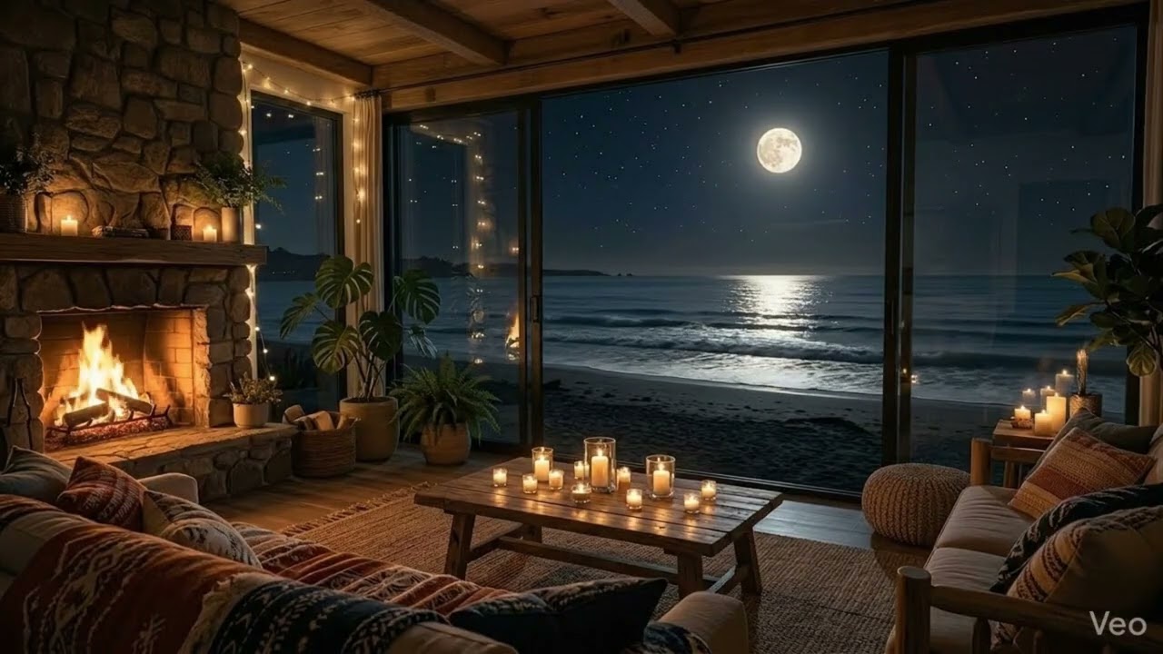 Cozy Fireplace & Ocean Waves at Night 🌙🔥 Relaxing Beach Ambience