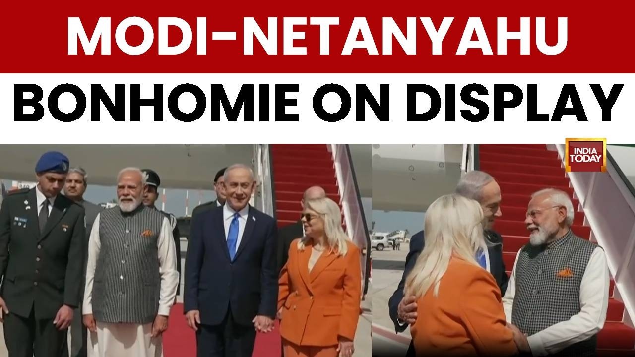 Modi-Netanyahu Meet: PM Modi Lands In Tel Aviv, Welcomed By Israeli PM Netanyahu And Wife On Tarmac