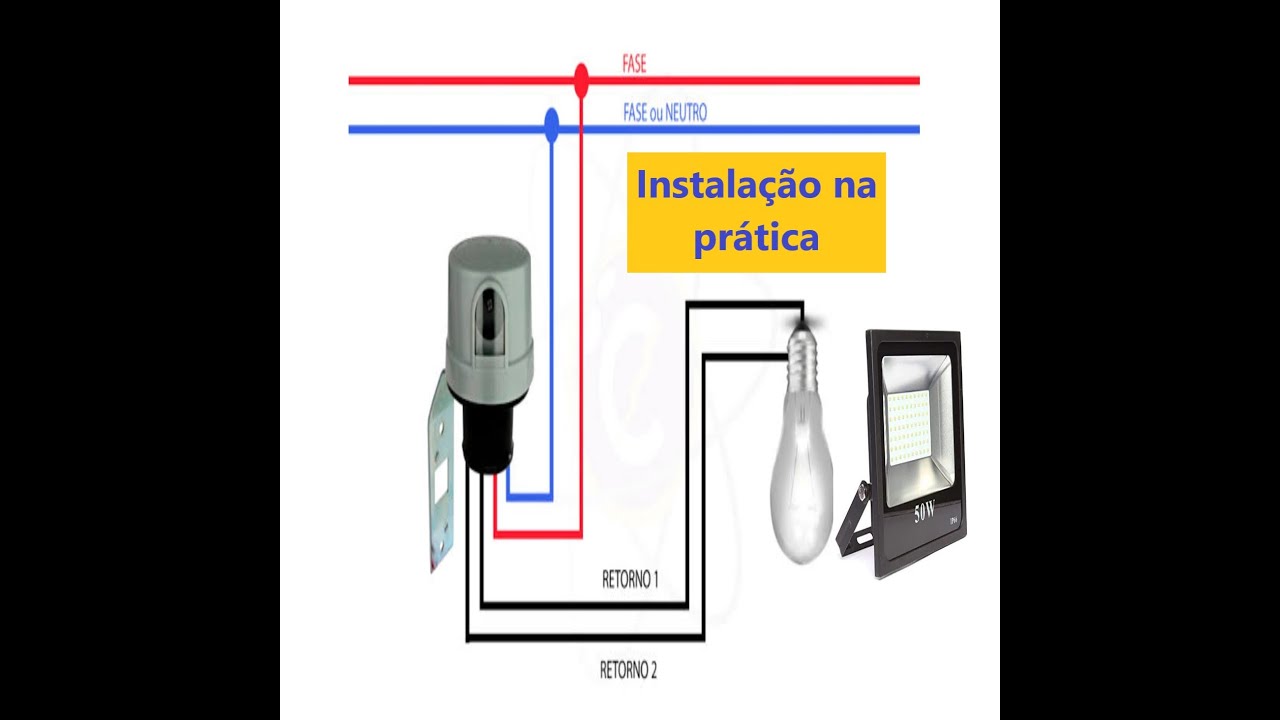 Instalando relé fotoelétrico de 4 fios para ligar e desligar refletor/lâmpada automaticamente.
