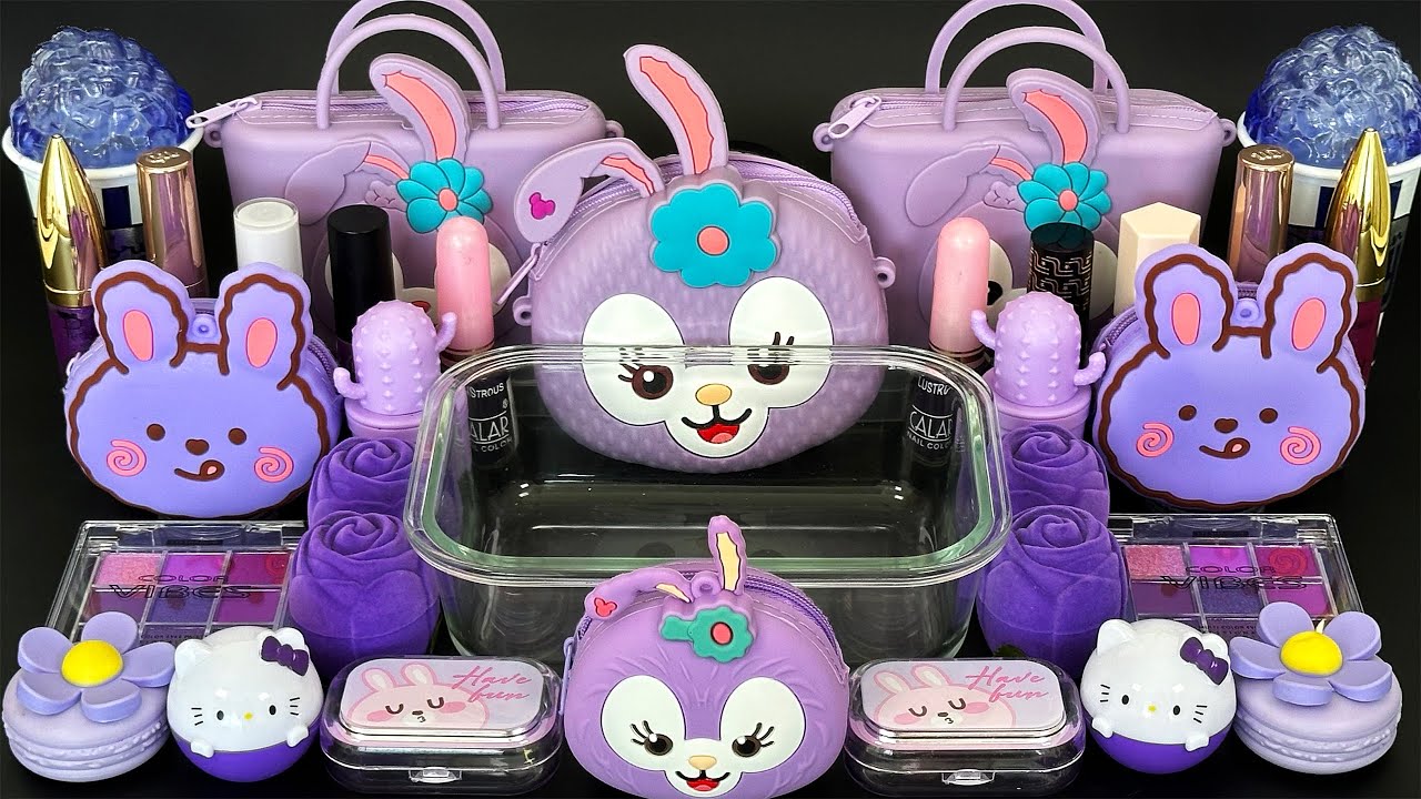 ASMR Slime Purple 💜 Mixing eyeshadow, makeup and glitter into Slime. Relaxing slime video.