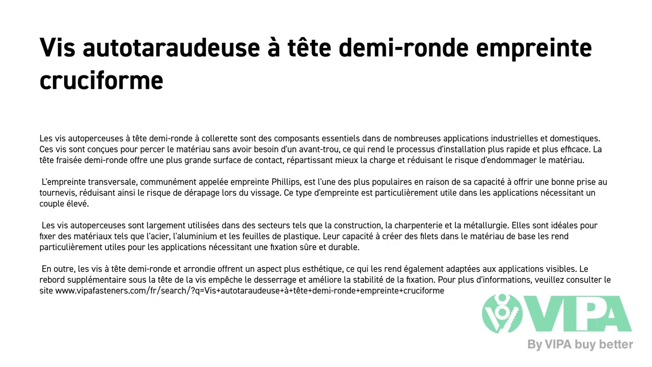 Vis autotaraudeuse &agrave; t&ecirc;te demi-ronde empreinte cruciforme