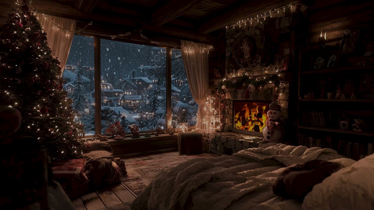 Heavy snowfall pounds the rooftop while a crackling fire lights the quiet wooden room