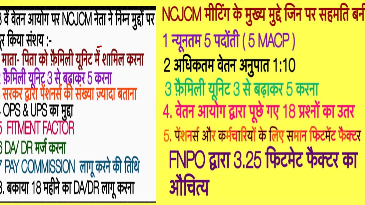 NCJCM ने स्पष्ट MACP5,FAMILYUNIT 5 ,PAY/ PENSION रेश्यो1:10,DA/ DR मर्ज करना 18 MONTH ARREARS FF3.25