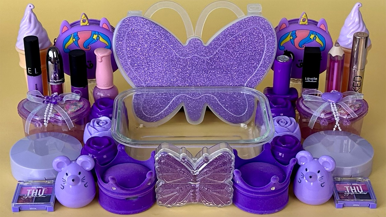 PURPLE SLIME 💜 Mixing makeup and glitter into Clear Slime. Satisfying Slime Videos 2160p.