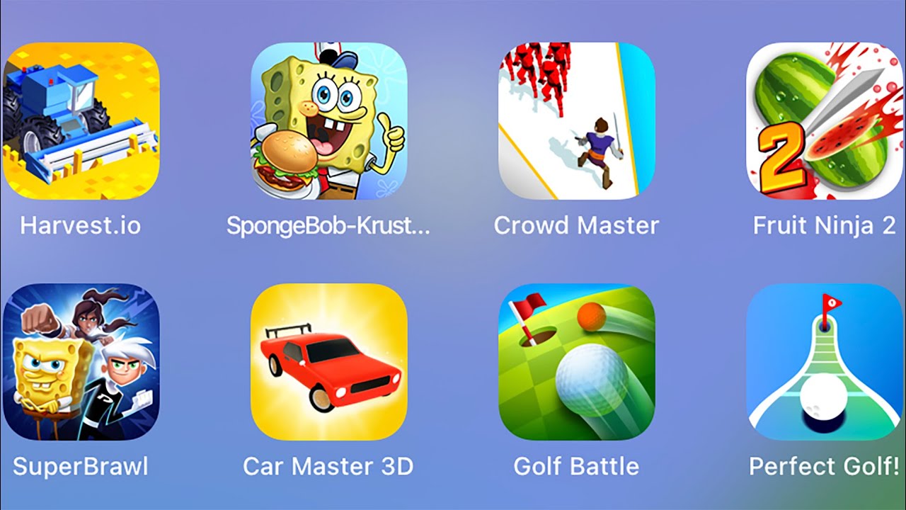 Harvest.io,Spongebob: Krusty Cook,Crowd Master,Fruit Ninja 2,SuperBrawl,Car Master 3D,Golf Battle