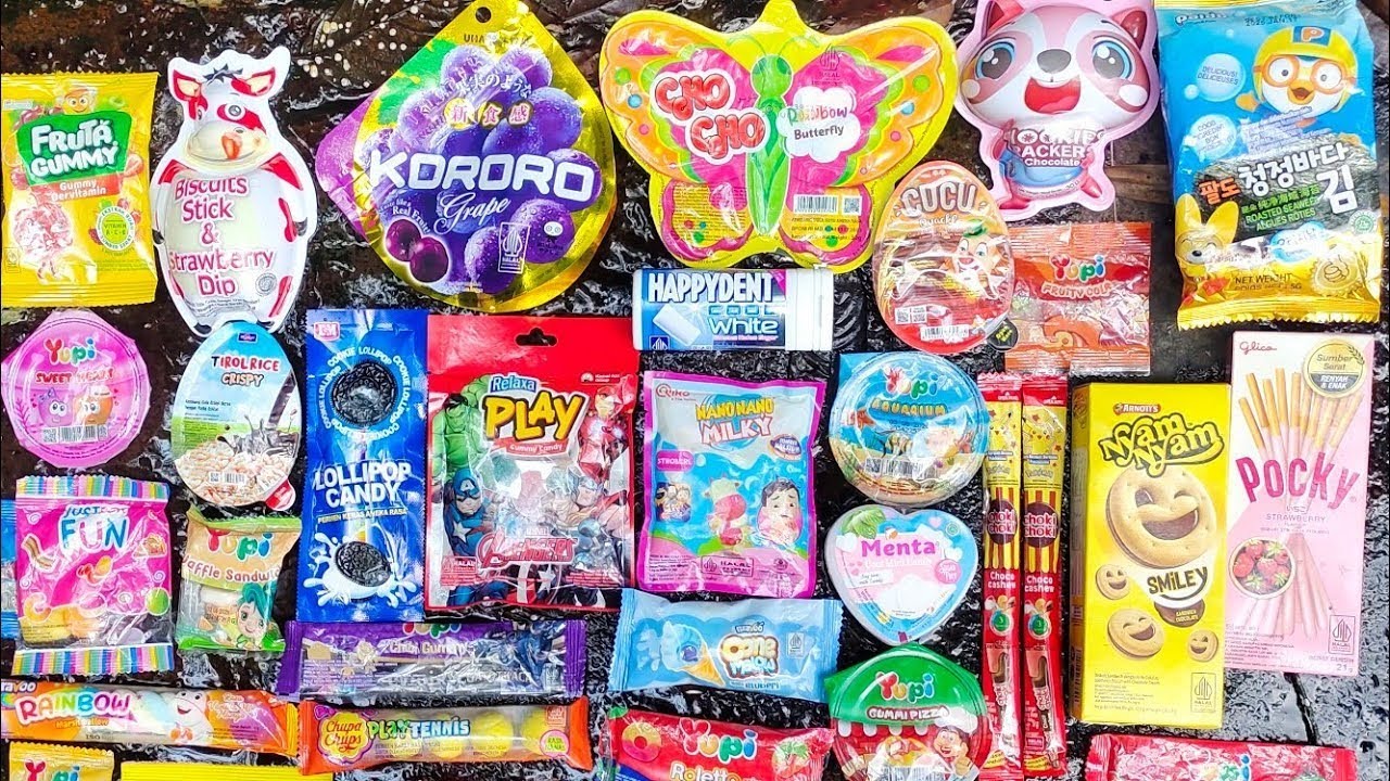 Banyak permen yupi marshmallow hello Kitty permen lolipop tayo buahan eskrim eskriman yupi neon stix