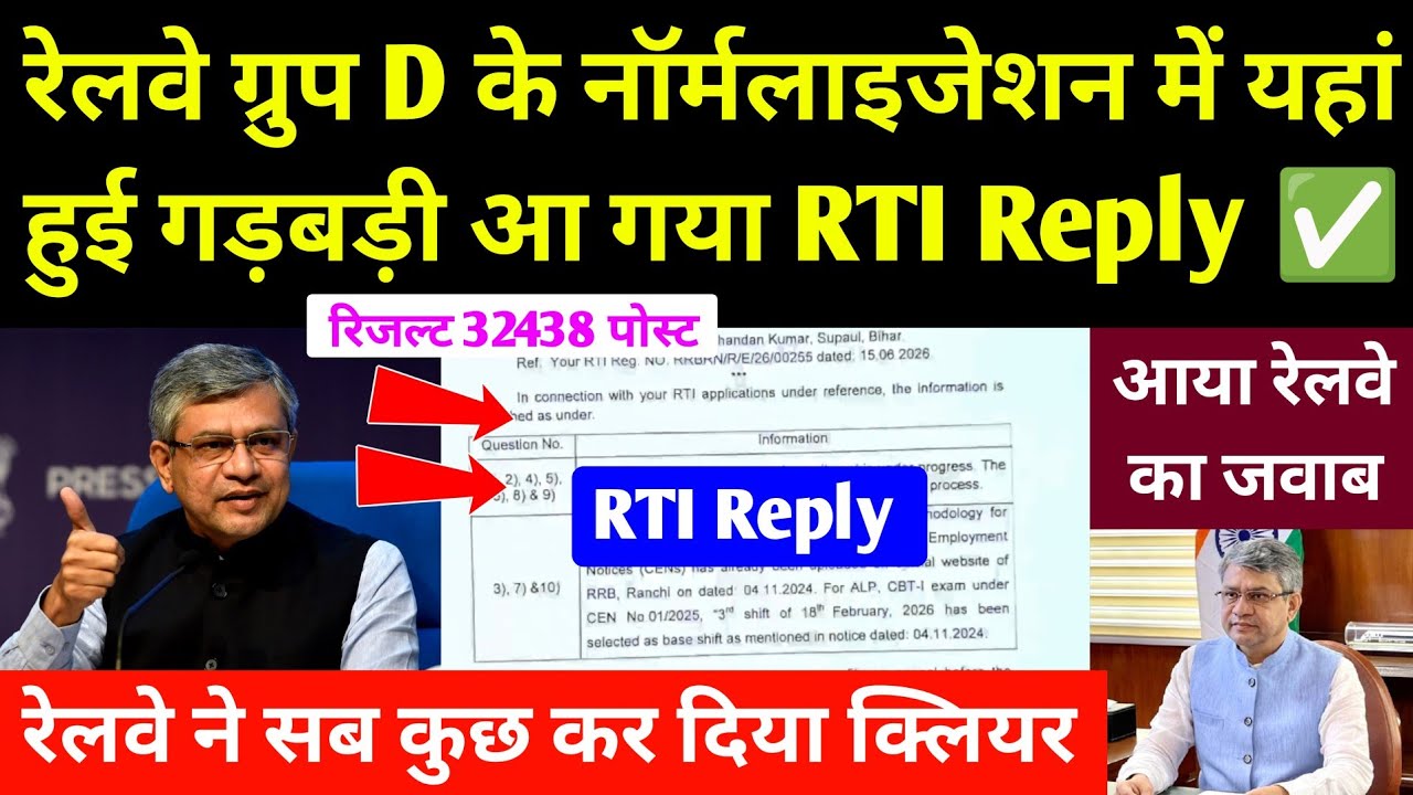 रेलवे ग्रुप D रिजल्ट के Normlaiztion पर आया RTI Reply 🔴 Railway Group D Revised Result Big Update 