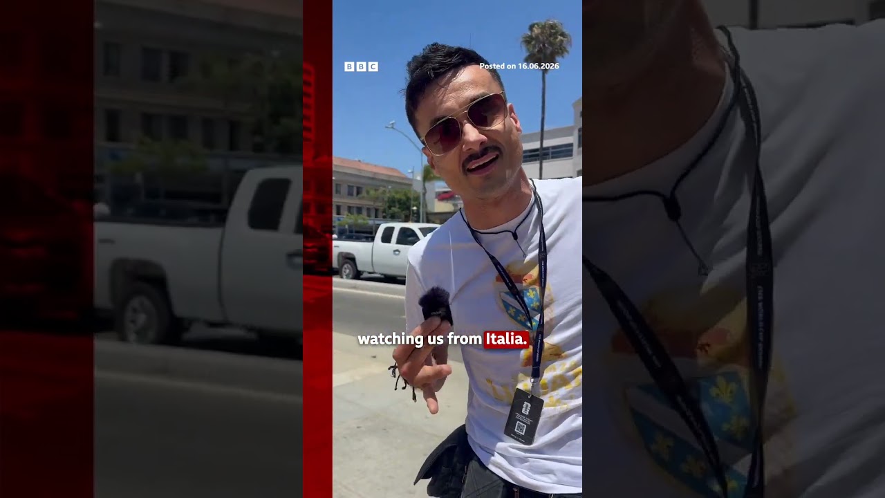 World Cup fans from around the world gathered at Santa Monica beach in Los Angeles. #BBCNews