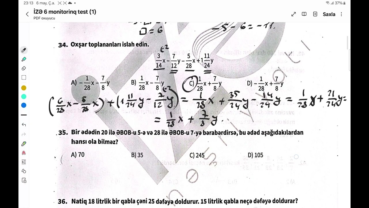 6-cı sinif monitorinq sualları (Riyaziyyat)