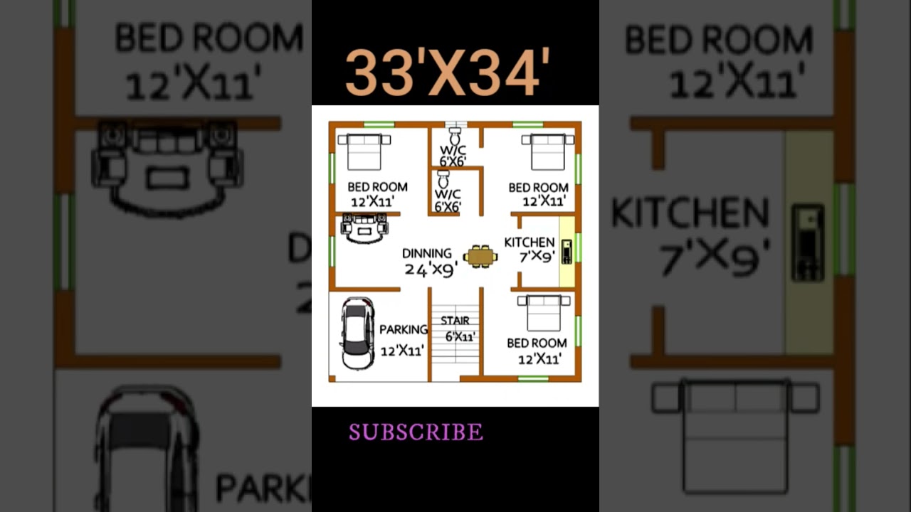33'×34'3bedroom with carparking house plan# gharka naksha 