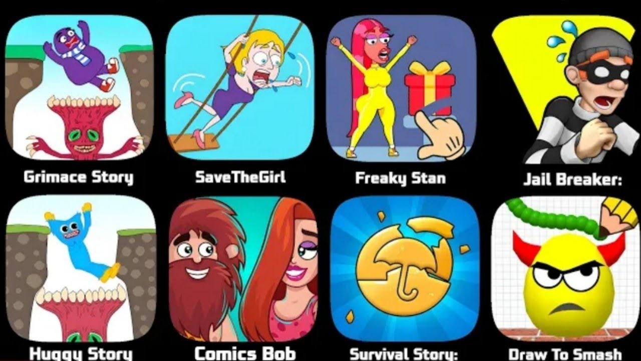 Save the girl, freaky stan , huggy story,  funrace3d, Emoji puzzle,  comics bob