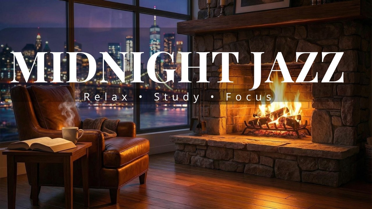 4K Cozy Jazz Piano by the Fireplace | City Lights at Night