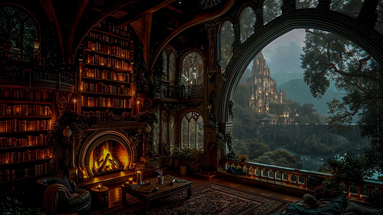 You’re Reading by the Fireplace in an Ancient Library | Dark Rainy Ambience | Dark Academia Playlist