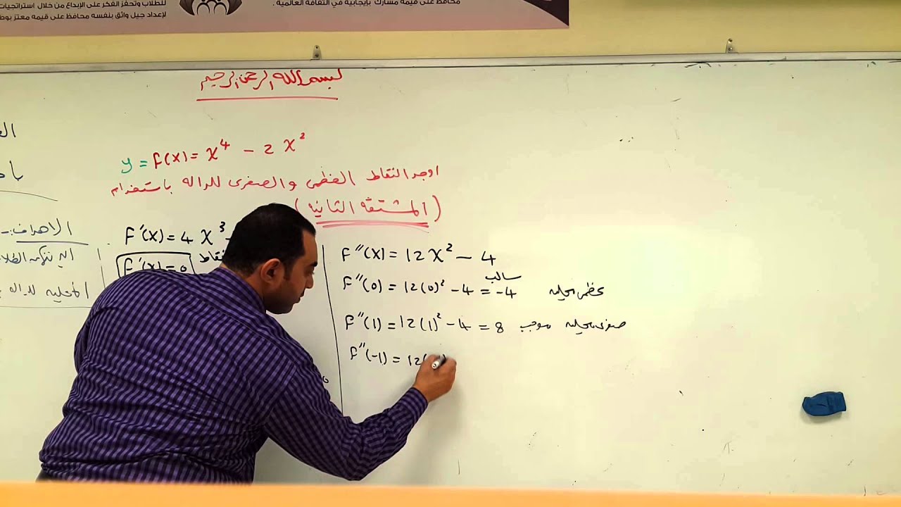 ايجاد القيم العظمي والصغري  باستخدام المشتقة الثانية