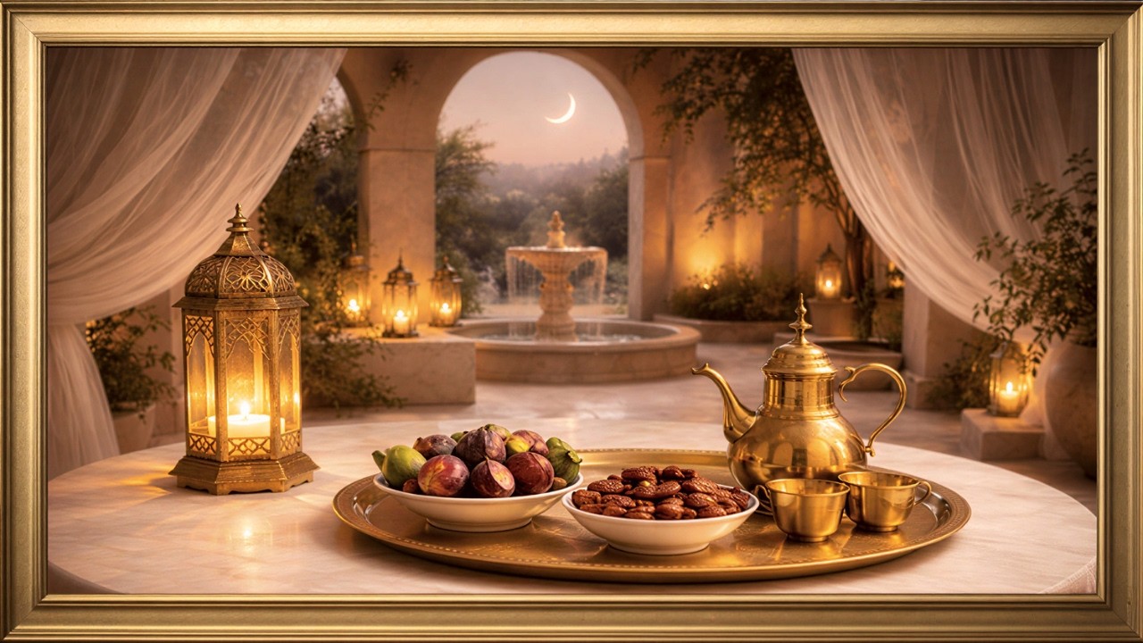 4K TV Gold Vintage Frame Art: Ramadan Evening Courtyard & Fountain | 3 Hours Samsung Frame Art