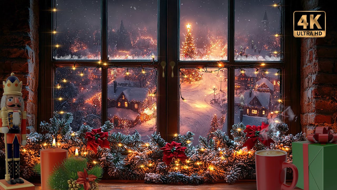 Christmas Window Scene with Holiday Music and Cracking Fire Ambience | 4K 🎅🎄❄️