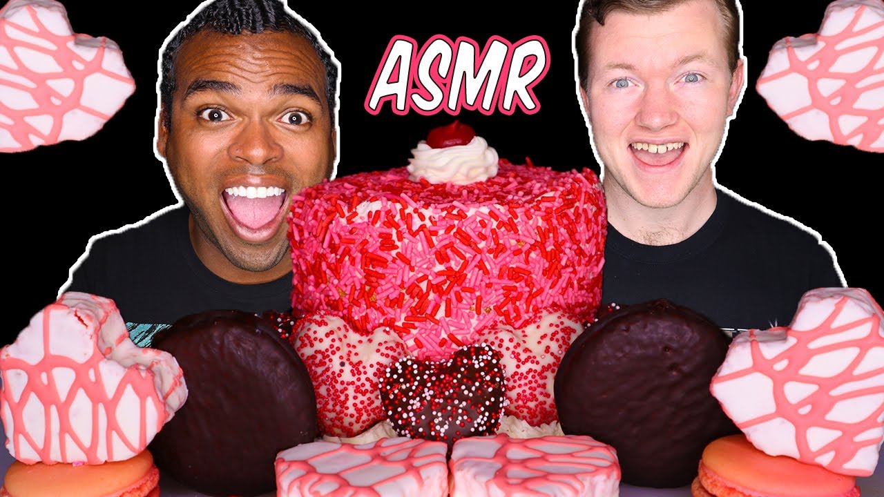 ASMR PINK DESSERTS! *MACARONS, HEART COOKIES, STRAWBERRY CREME PIE, PINK VANILLA CAKE* EATING SOUNDS