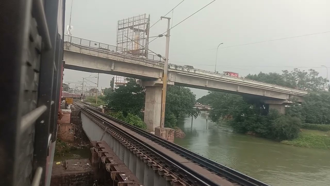 Krishna River Bridge and  train enter Vijayawada station
