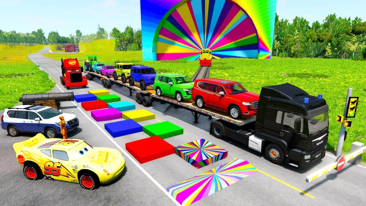 Flatbed Truck McQueen | Transportation with Truck - Pothole vs Car #21 | BeamNG.Drive Gameplay
