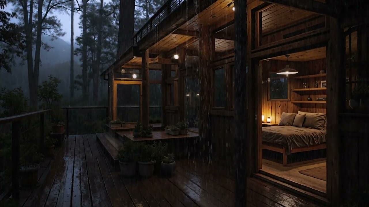 Rain Falling Gently Around a Quiet Forest Cabin 🌲 | Soothing Night Sounds for Rest