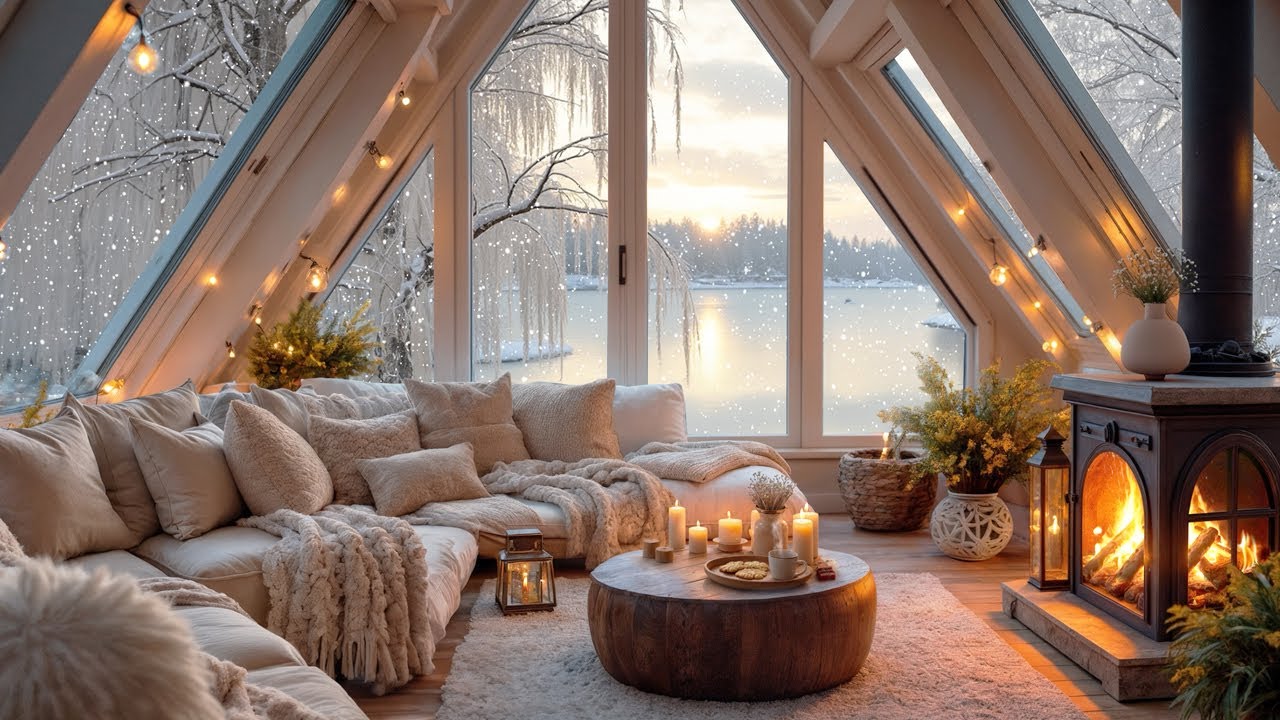 The Coziest Winter Retreat ❄️ Fireplace Crackling, Soft Snowfall & Warm Hygge Ambience