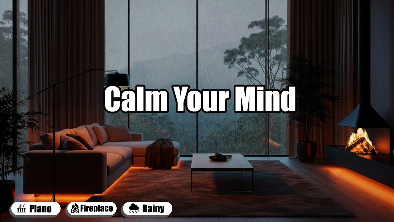 Rainstorm Night Ambience with Soft Piano Music and Fireplace Sounds for Sleeping Fast