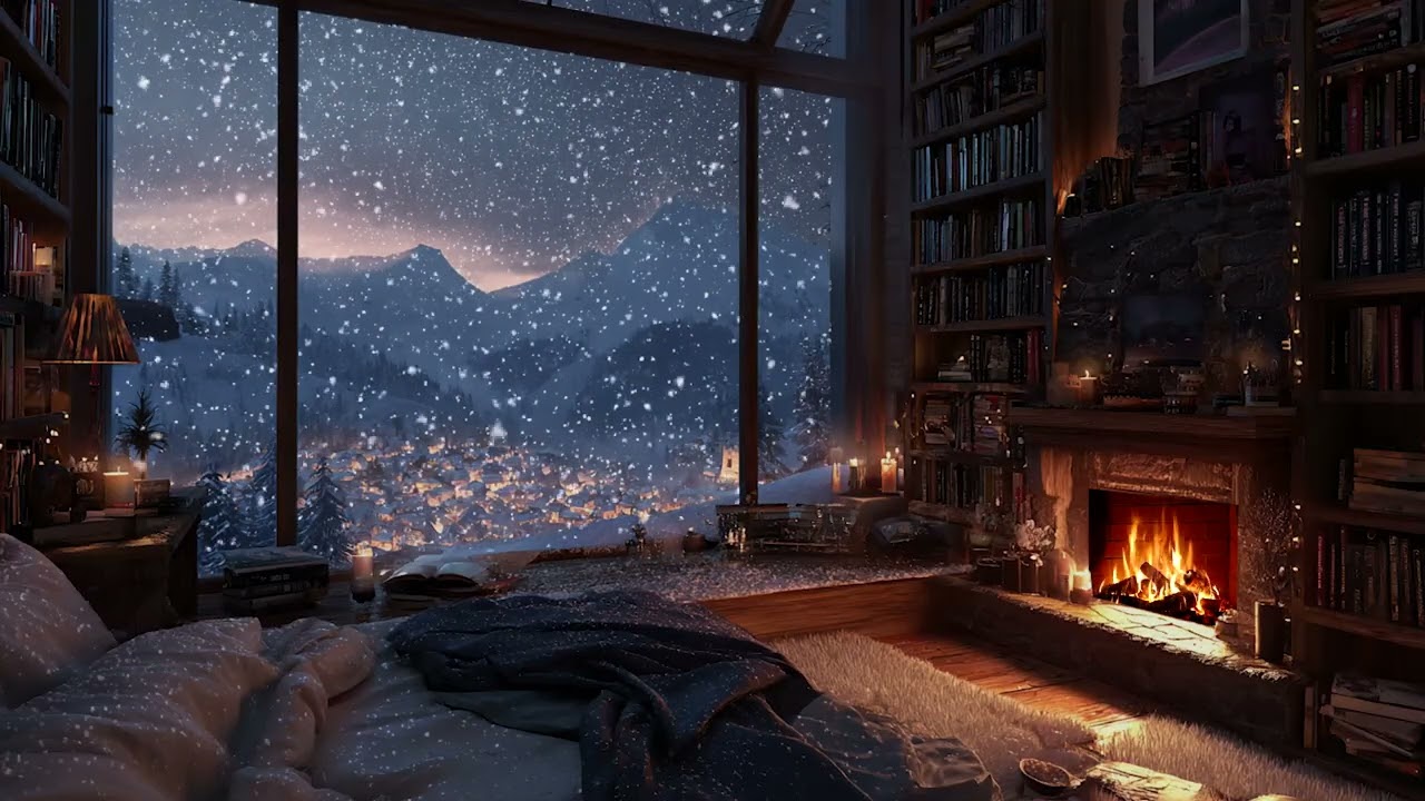 Snowy Christmas Cabin Night | Cozy Firelight and Winter Ambience for Deep Sleep & Relaxation