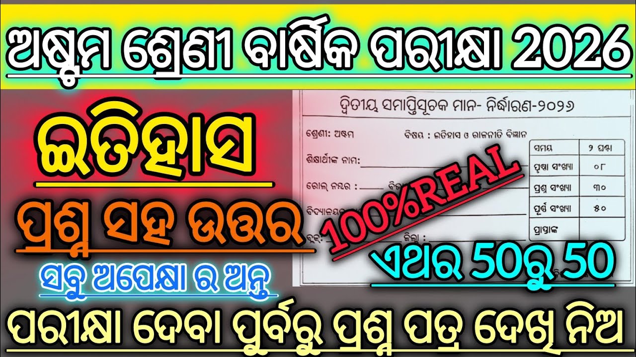 Class 8 annual exam history real Question paper 2026/ 8th class annual exam history 2026 question👍🏻