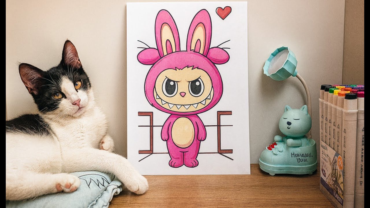 Cute Kitten with Pink Labubu Art – Adorable Creative Desk Setup
