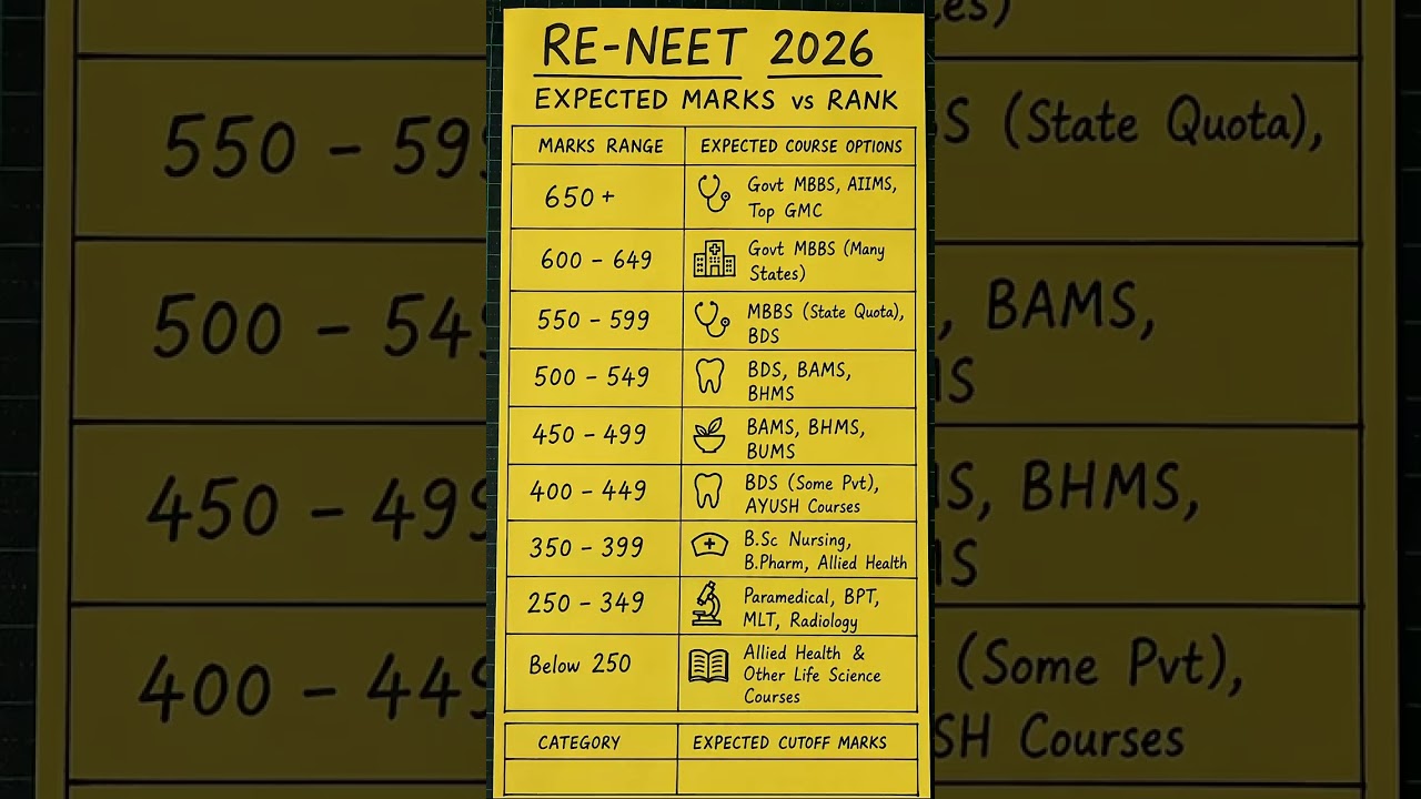 🩺 RE-NEET 2026 Expected Marks vs Rank | Govt MBBS, AIIMS, BDS Cutoff Prediction | Handwritten Chart