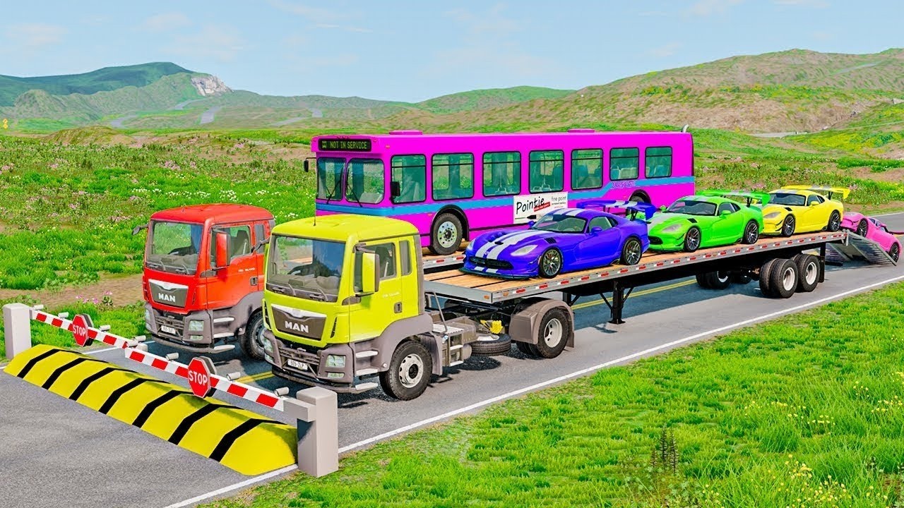 TRANSPORTING PIXAR CARS & FRUITS WITH COLORED & JOHN DEERE vs CLAAS vs TRACTORS - BeamNG.drive
