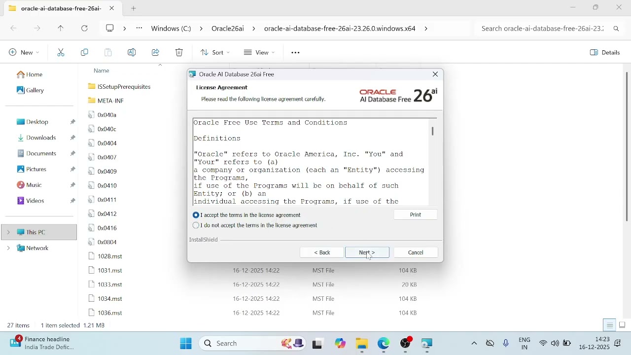 Install Oracle 26ai free edition on Windows platform