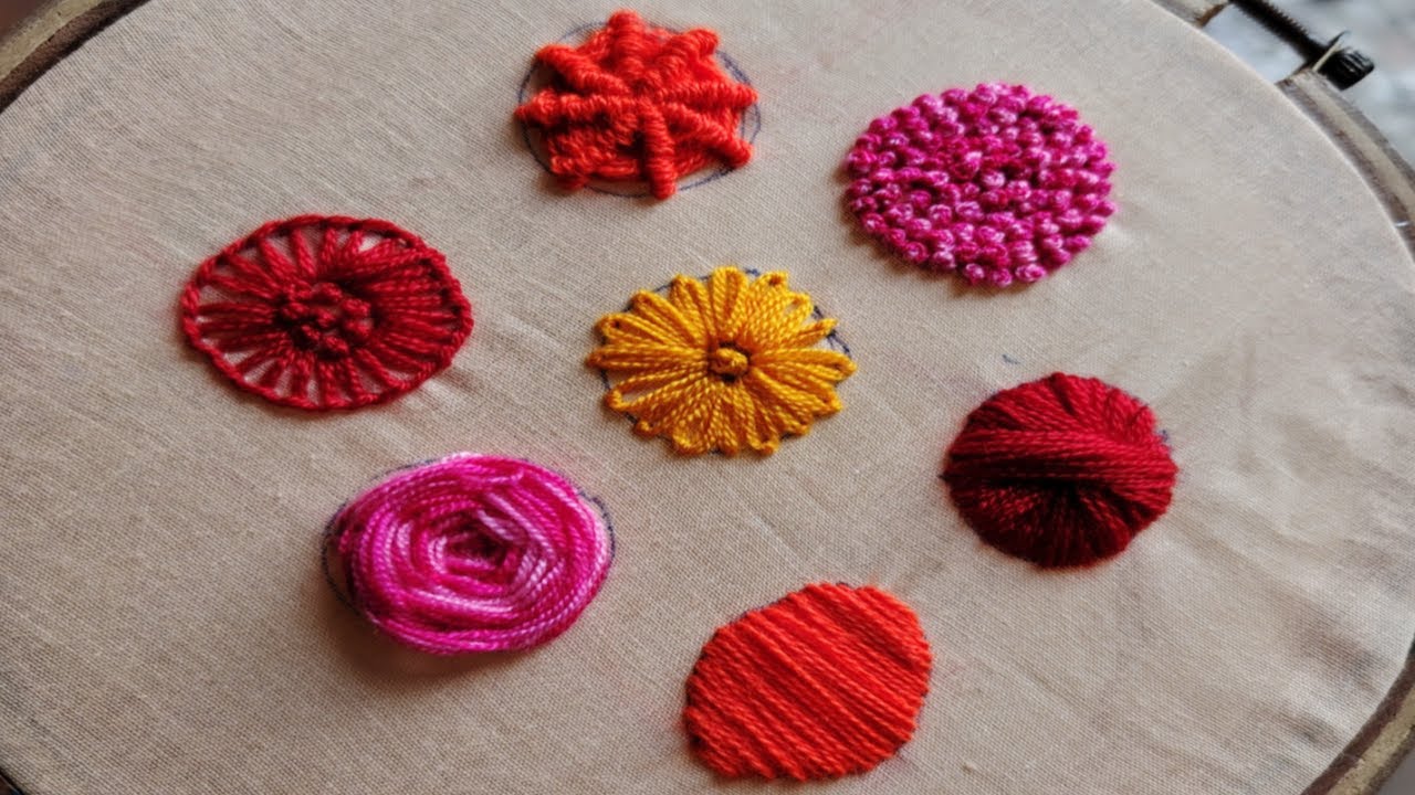 Easy simple 7 flowers embroidery tutorial step by step. How to make hand embroidery flower rose.