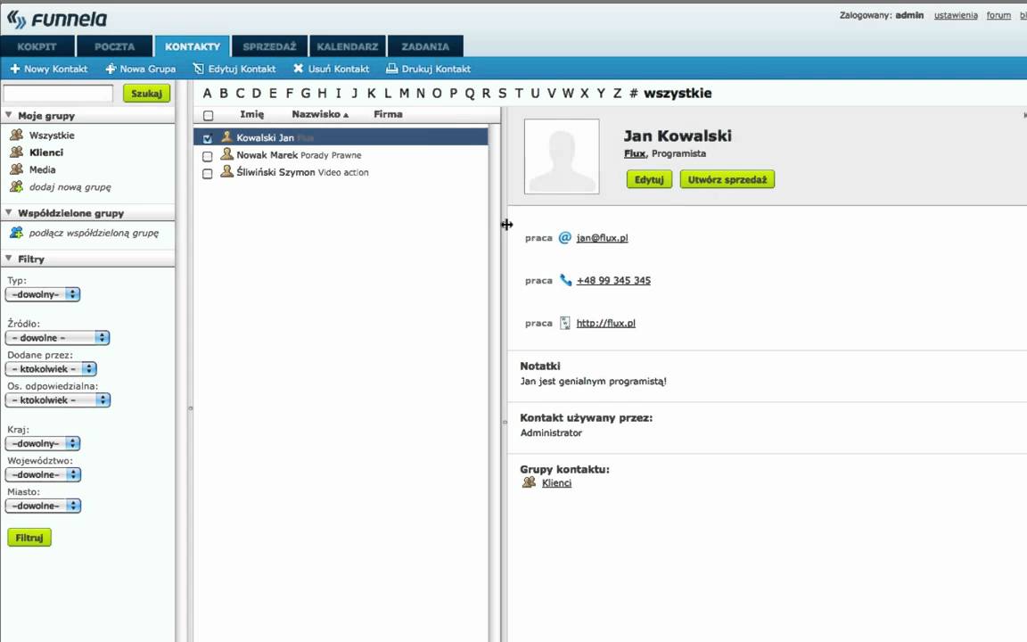 Funnela - przesuwalne kolumny - prosty CRM online dla małych firm